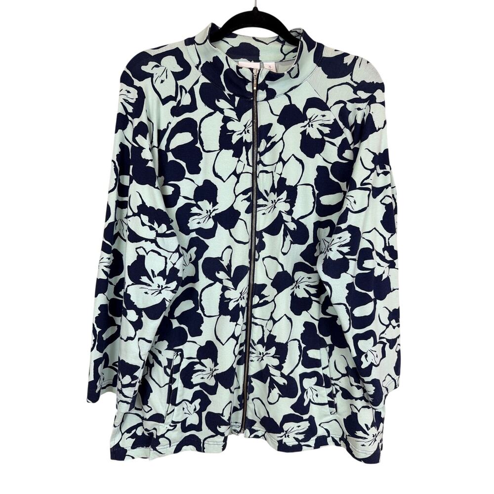 Weekends By Chicos Turquoise Blue Floral Zip Up Jacket Size XL